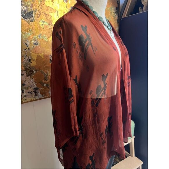 Vintage 80s Banjara Kimono 100% Silk Short-sleeved Rust Asian Geisha Topper One - Picture 2 of 5